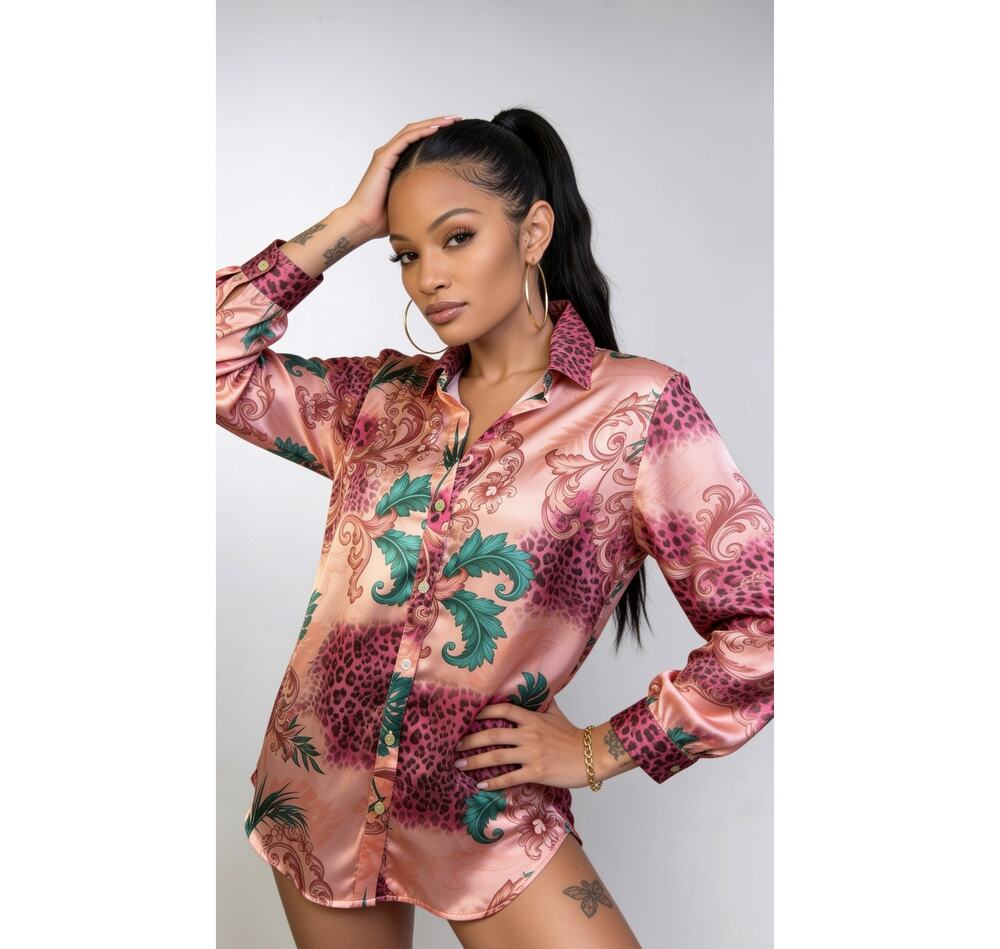 Guess Los Angeles Pink Leopard Baroque Satin Button Shirt Women's Large